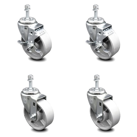 Service Caster Semi Steel Swivel TS Caster w/Roller Bearing-4" Wheels&3/8" Stems-2 w/BRK, 4PK SCC-TS20S415-SSR-381615-2-TLB-2
